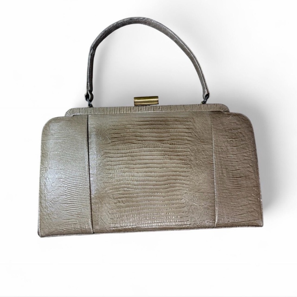Vintage taupe lizard embossed top handle handbag